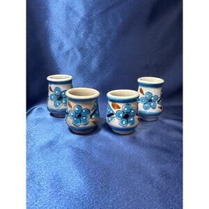 Set of Four Mexican Pottery Shot Glasses Accented with Blue Flowers